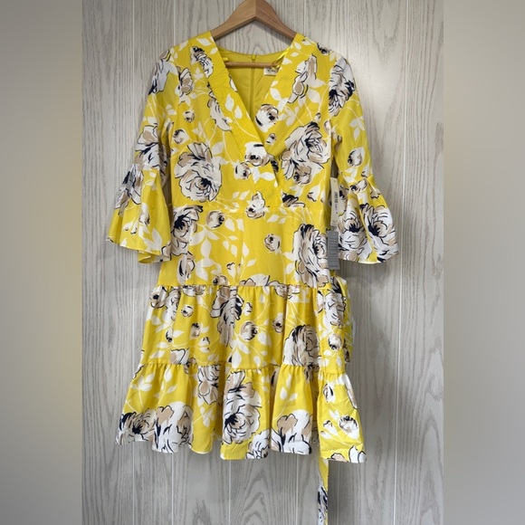Eliza J Yellow Faux Wrap Floral Lined Chiffon Dress Belted Summer Petite 6 NWT - Picture 3 of 5